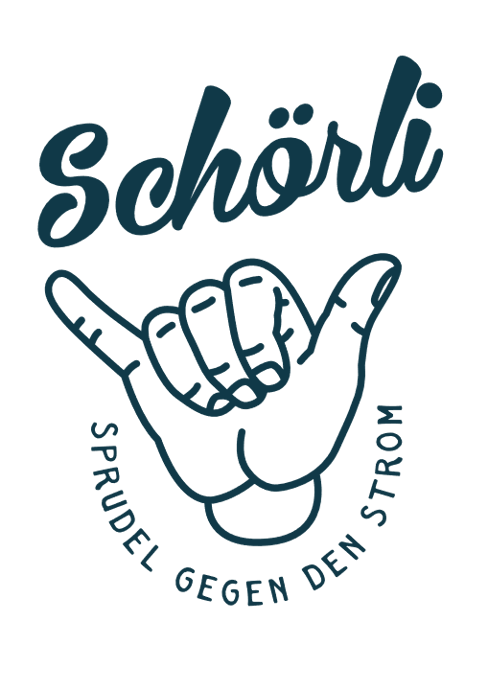 Das Bild zeigt das Logo von Schörli mit dem Schriftzug einer Hand, die die "Hang Loose" Geste macht